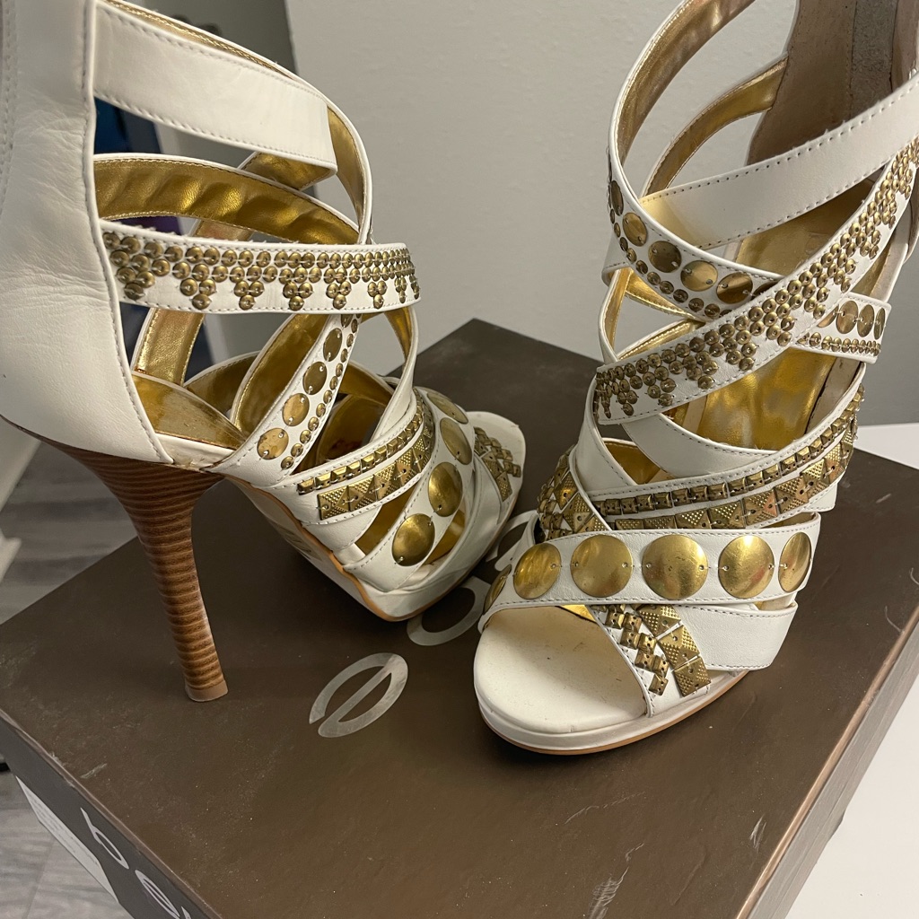 Elegant White And Gold Strappy Heels